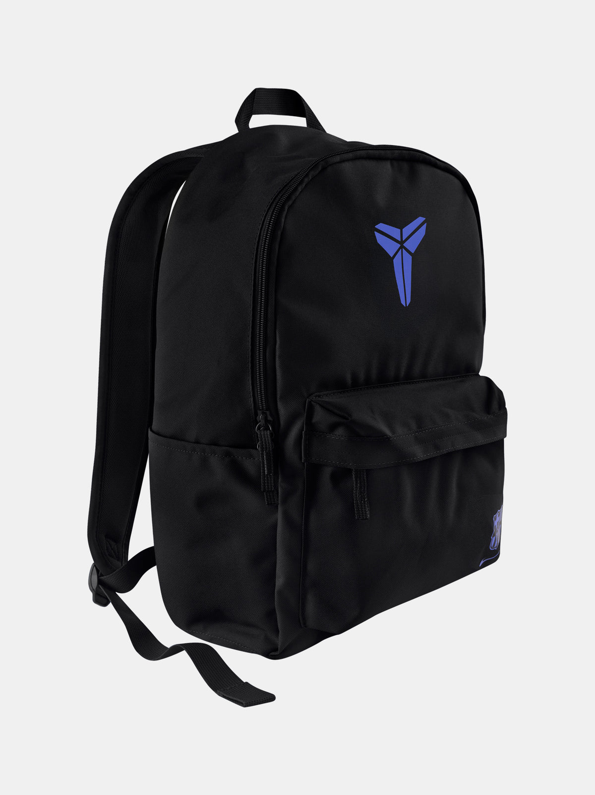 Black FC Barcelona Nike backpack featuring the Kobe Bryant logo in blue on the upper front and the Barça crest with Nike swoosh in blue on the lower pocket.
