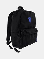 Black FC Barcelona Nike backpack featuring the Kobe Bryant logo in blue on the upper front and the Barça crest with Nike swoosh in blue on the lower pocket.