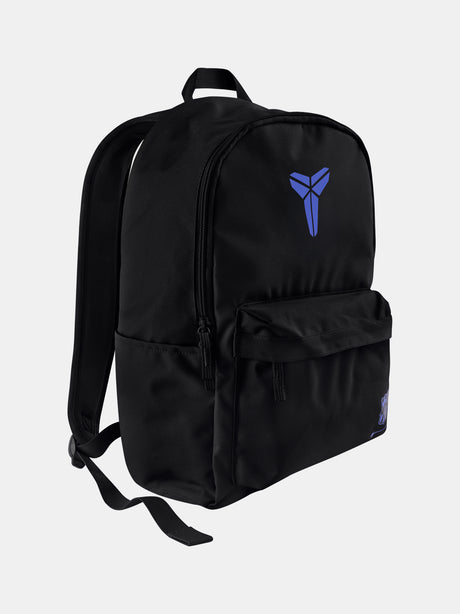 Black FC Barcelona Nike backpack featuring the Kobe Bryant logo in blue on the upper front and the Barça crest with Nike swoosh in blue on the lower pocket.