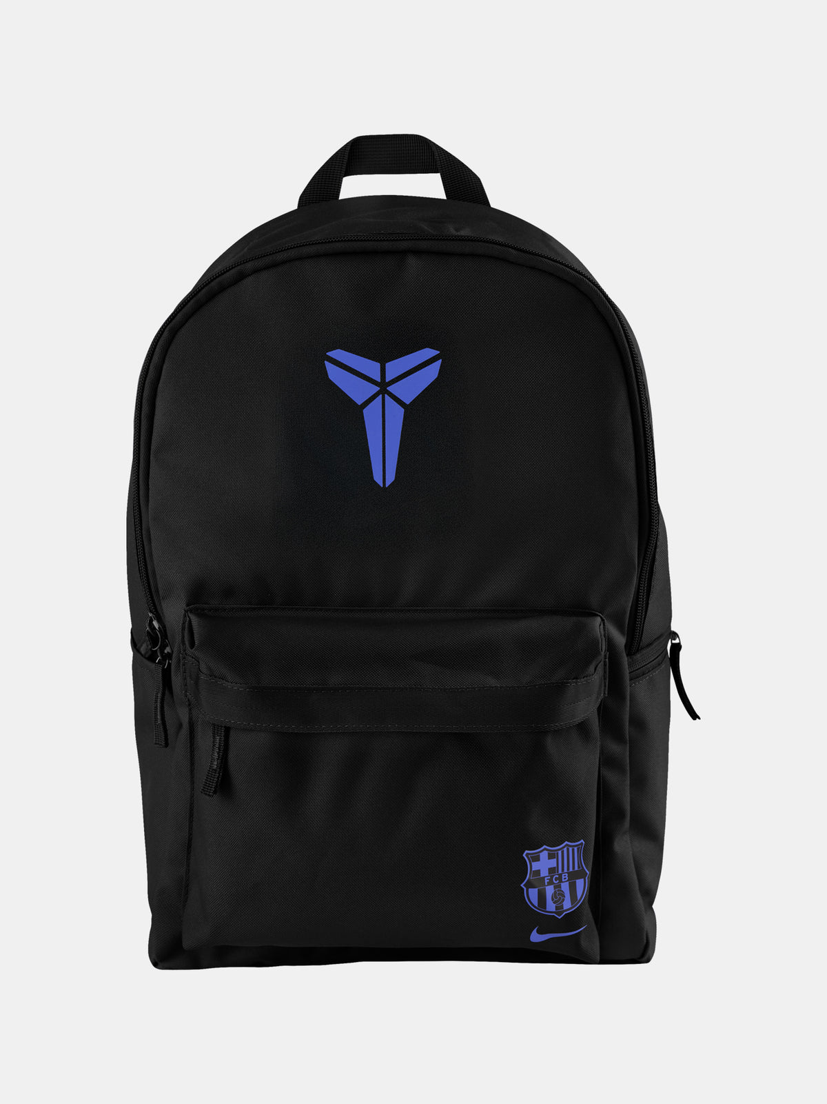 Black FC Barcelona Nike backpack featuring the Kobe Bryant logo in blue on the upper front and the Barça crest with Nike swoosh in blue on the lower pocket.