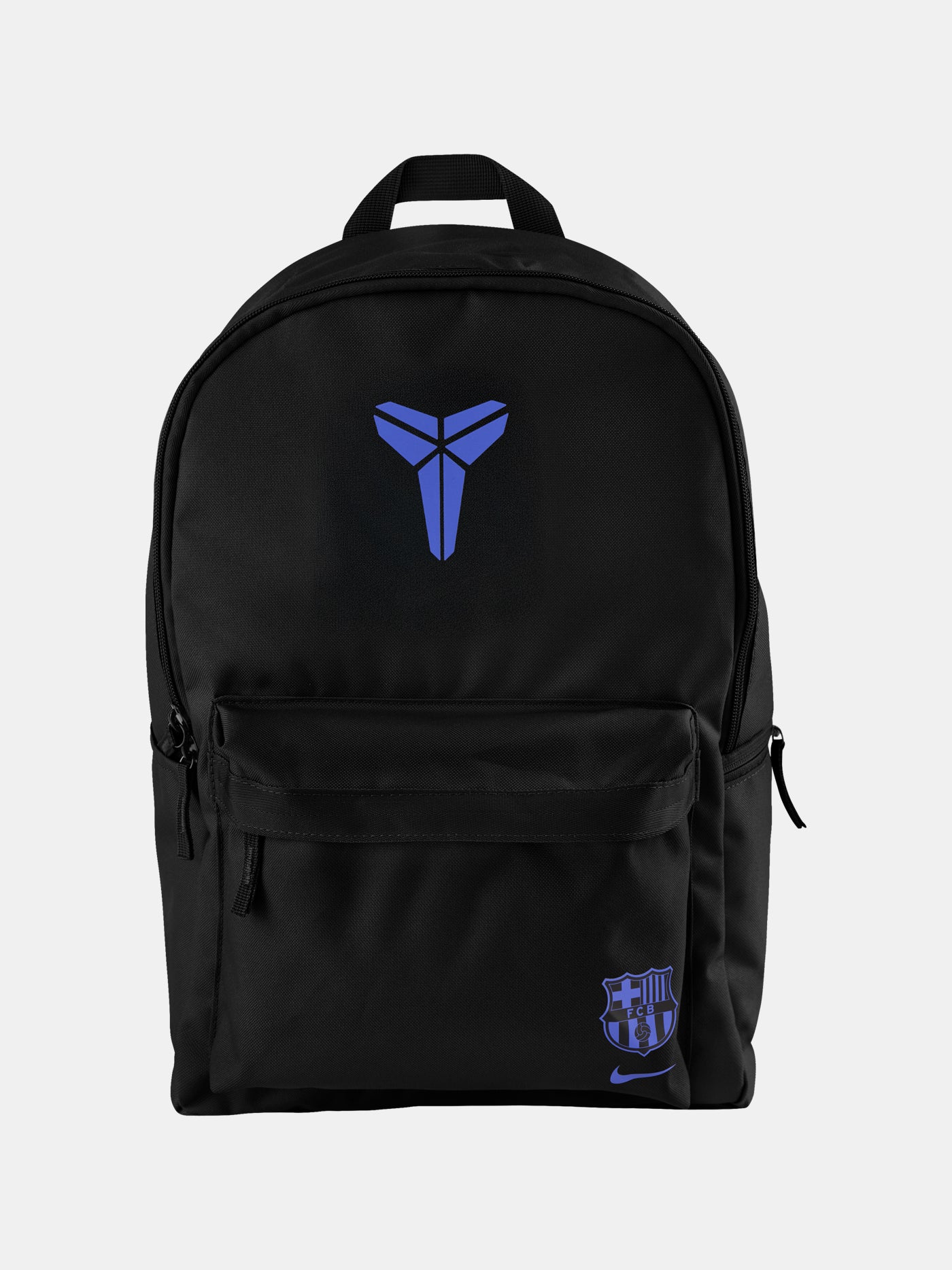 Black FC Barcelona Nike backpack featuring the Kobe Bryant logo in blue on the upper front and the Barça crest with Nike swoosh in blue on the lower pocket.
