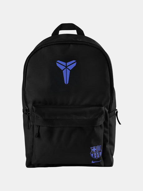 Black FC Barcelona Nike backpack featuring the Kobe Bryant logo in blue on the upper front and the Barça crest with Nike swoosh in blue on the lower pocket.