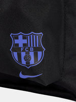 Black FC Barcelona Nike backpack featuring the Kobe Bryant logo in blue on the upper front and the Barça crest with Nike swoosh in blue on the lower pocket.