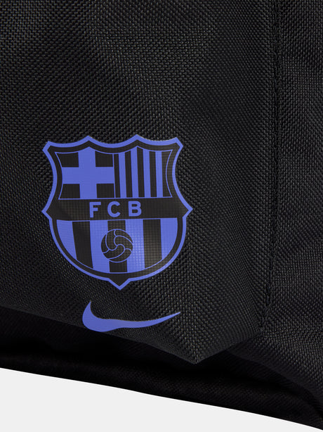 Black FC Barcelona Nike backpack featuring the Kobe Bryant logo in blue on the upper front and the Barça crest with Nike swoosh in blue on the lower pocket.