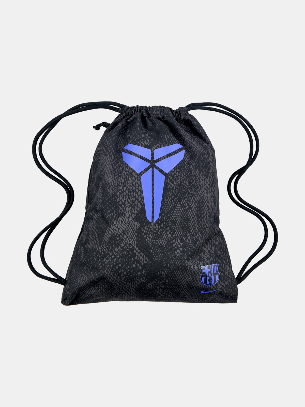 Black FC Barcelona drawstring bag featuring Kobe Bryant’s logo in purple and the Barça crest with Nike swoosh in the bottom corner