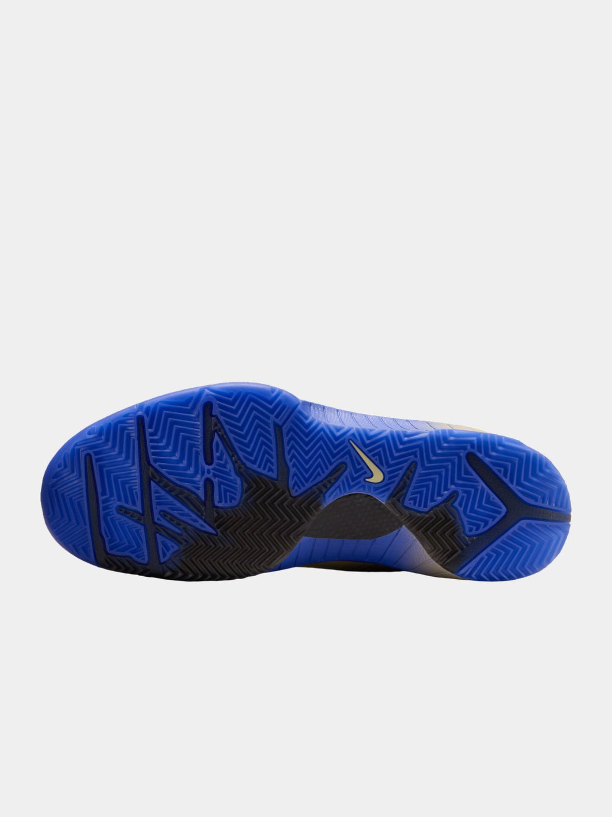 Blue athletic shoe sole with black patterns on a white background