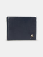 Navy blue FC Barcelona leather wallet with metallic club crest on the front.