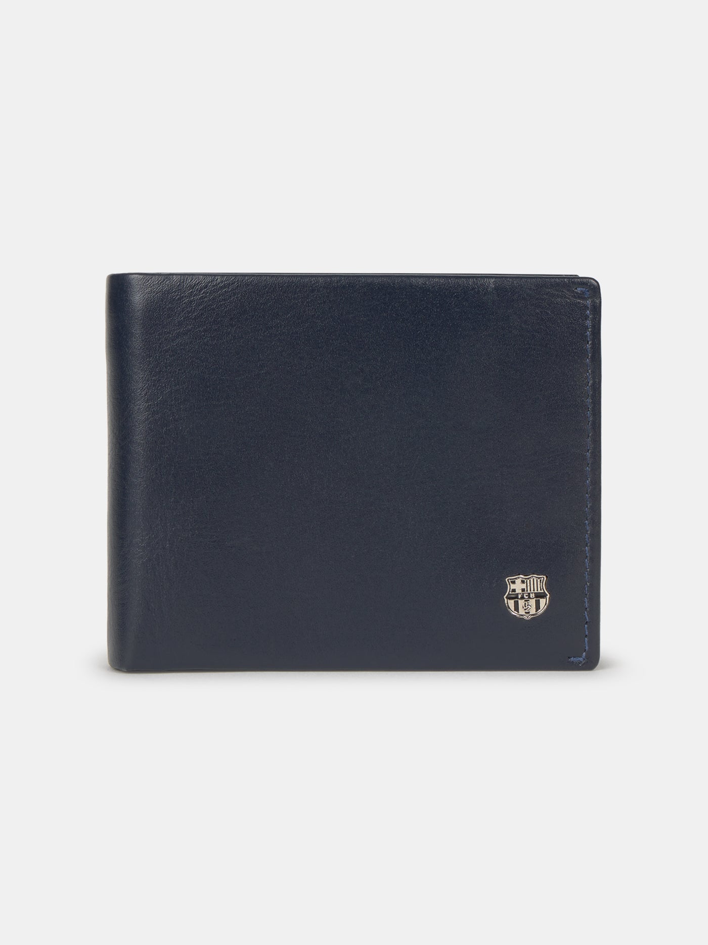 Navy blue FC Barcelona leather wallet with metallic club crest on the front.