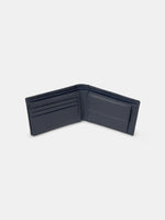 Navy blue FC Barcelona leather wallet with metallic club crest on the front.