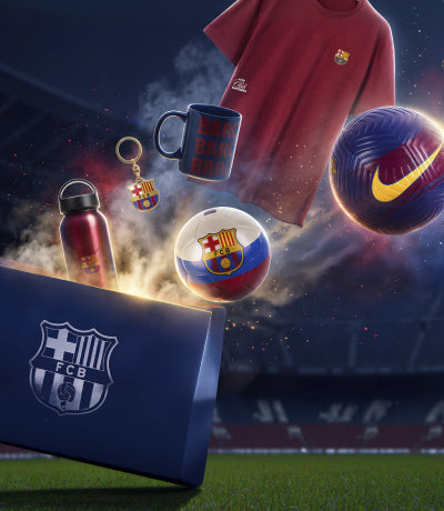 Collection of FC Barcelona merchandise including a jersey, ball, mug, water bottle, and keychain on a stadium background.