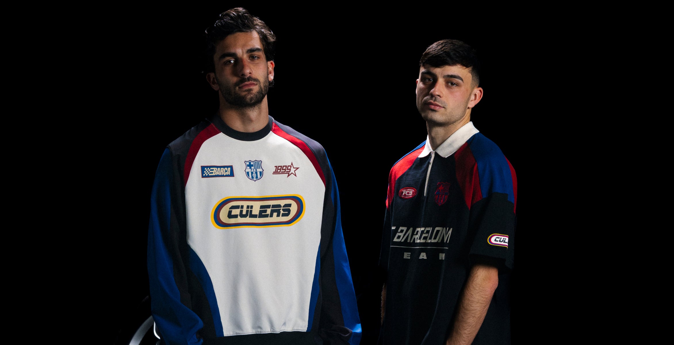 Pedri and Ferran wearing sports jerseys with visible brand logos on a black background. Racing Collection