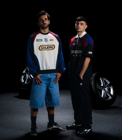 Pedri and Ferran wearing sports jerseys with visible brand logos on a black background. Racing Collection