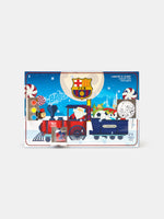 Vue de face d’un calendrier de l’Avent du FC Barcelona avec un design bleu sur le thème de l’hiver, l’écusson du club, des cases numérotées et de petites illustrations festives.