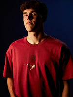  red T-shirt featuring three vintage photos of Johan Cruyff with a football, and the text 'Barça X Johan Cruyff' printed on the back