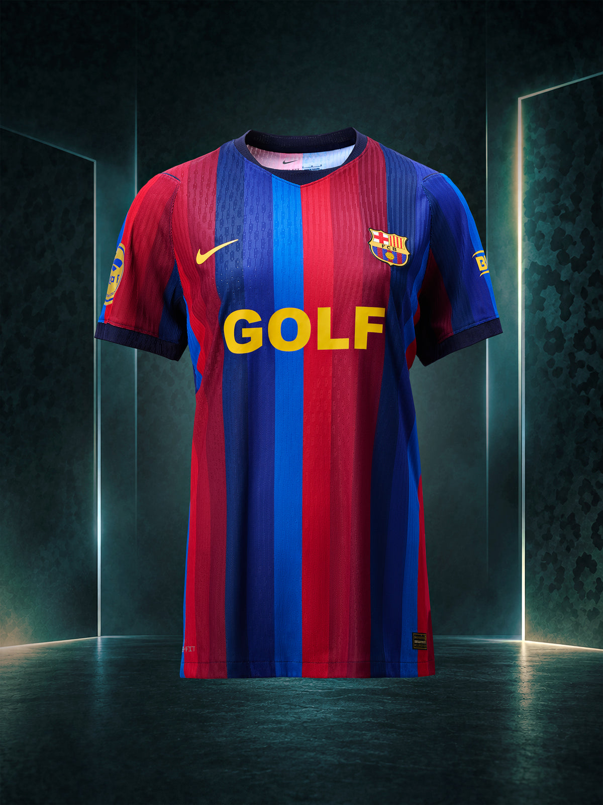 Front view of an FC Barcelona jersey with vertical blue and red stripes, a Nike swoosh, club crest, and yellow GOLF sponsor text.