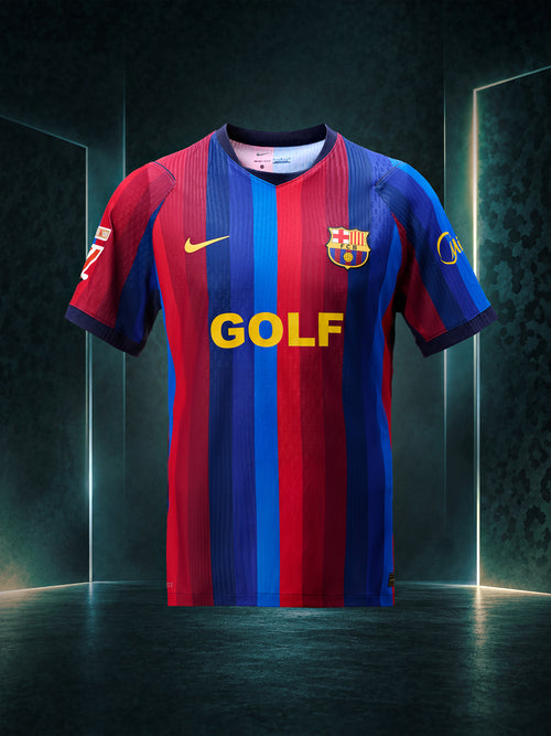 Front view of an FC Barcelona jersey with vertical red and blue stripes, Nike swoosh, FCB crest, and GOLF sponsor logo.