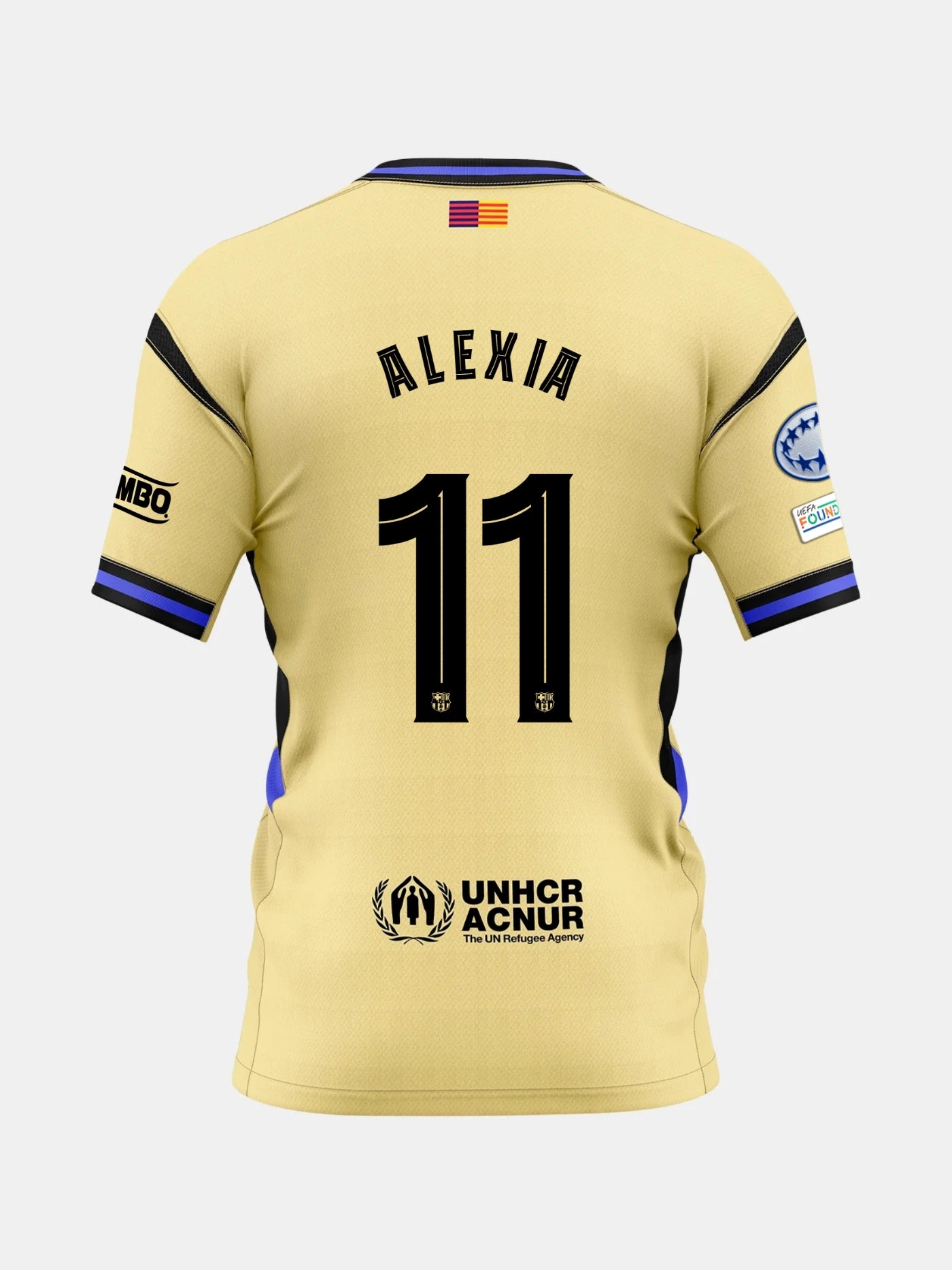 Back view of a gold FC Barcelona jersey with the name Alexia and number 11, featuring UNHCR logo and UCWL League patches