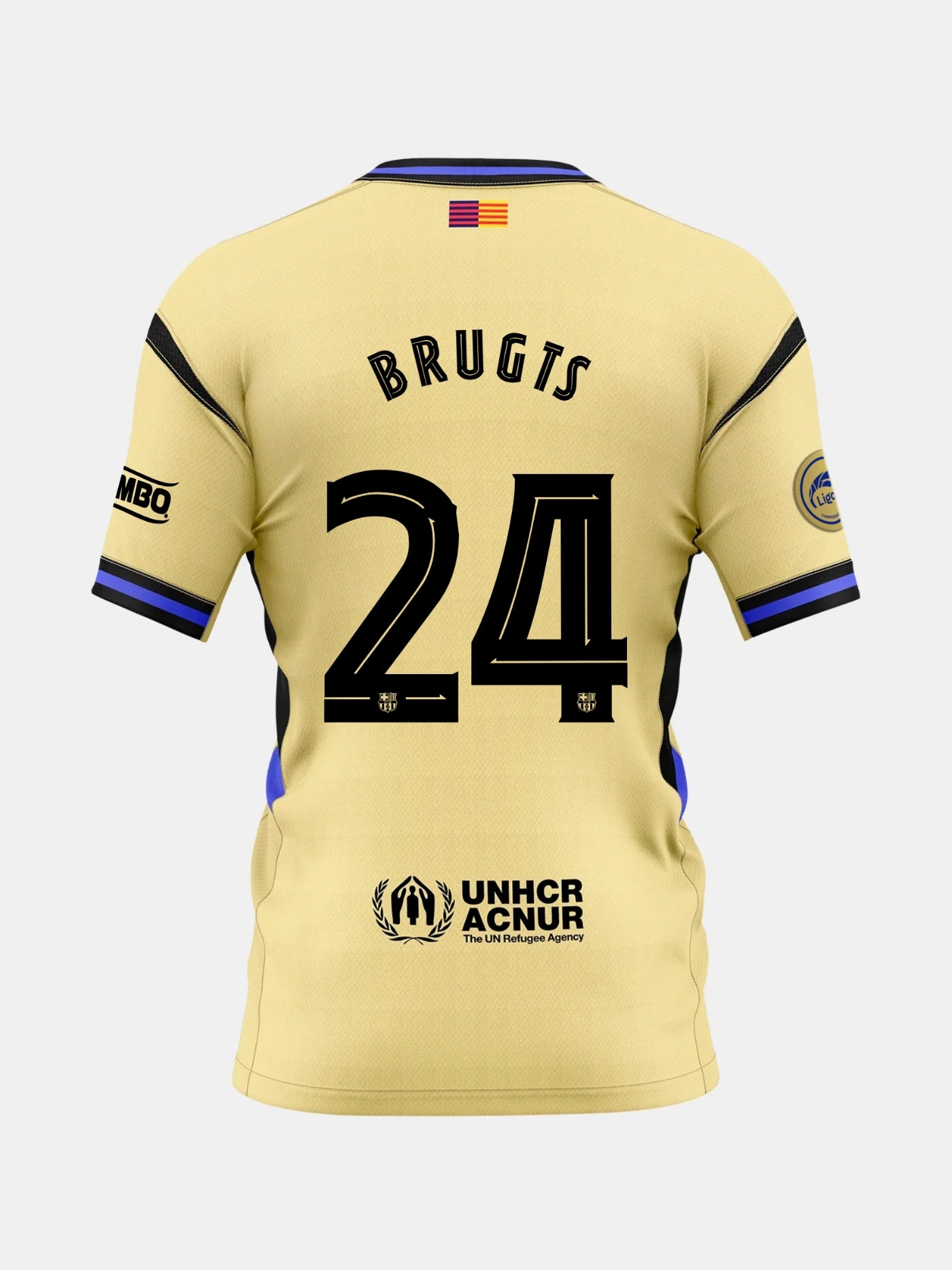 Back view of a gold FC Barcelona jersey with the name Brugts and number 24, featuring UNHCR logo and Liga F patches