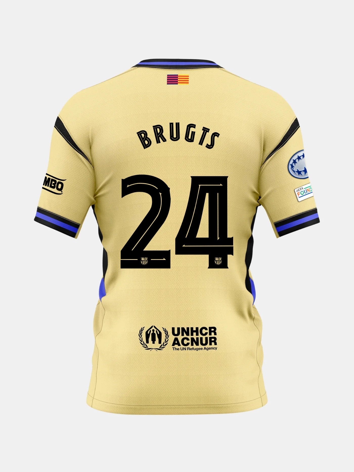 Back view of a gold FC Barcelona jersey with the name Brugts and number 24, featuring UNHCR logo and UCWL League patches