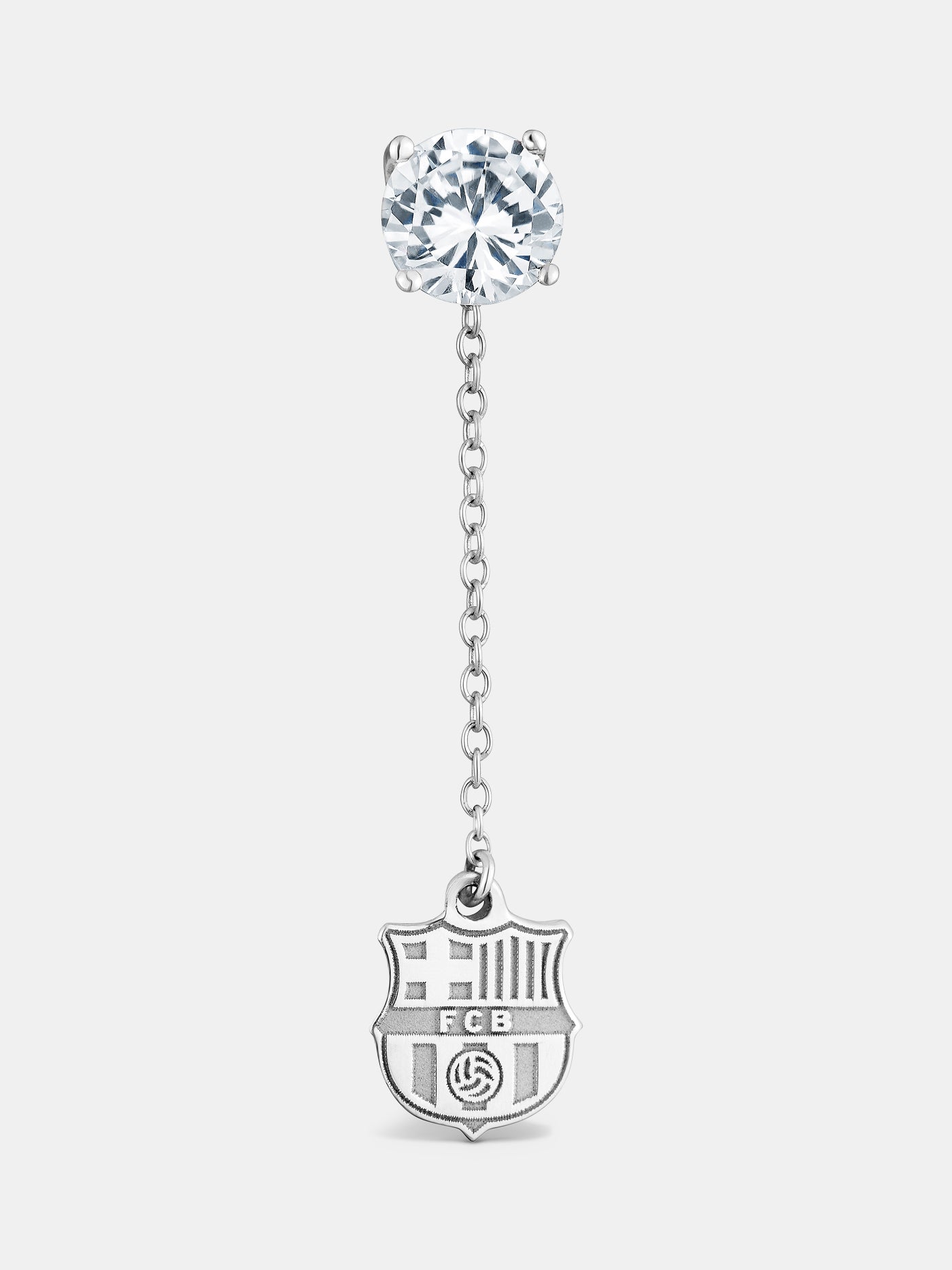 Silver earring featuring a round-cut diamond-like stud connected by a delicate chain to a hanging FC Barcelona crest charm.