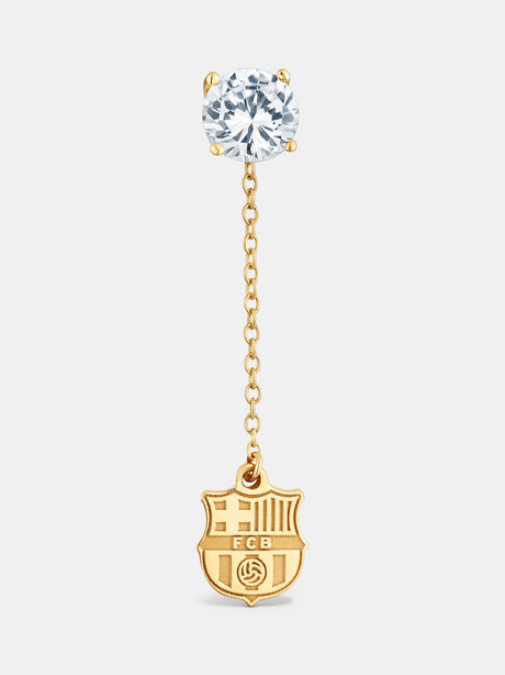 Gold earring featuring a brilliant round-cut diamond-like stud connected by a fine chain to a dangling FC Barcelona crest charm.