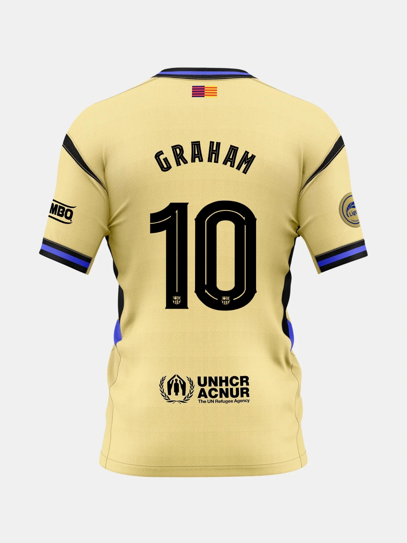 Back view of a gold FC Barcelona jersey with the name Graham and number 10, featuring UNHCR logo and Liga F patches