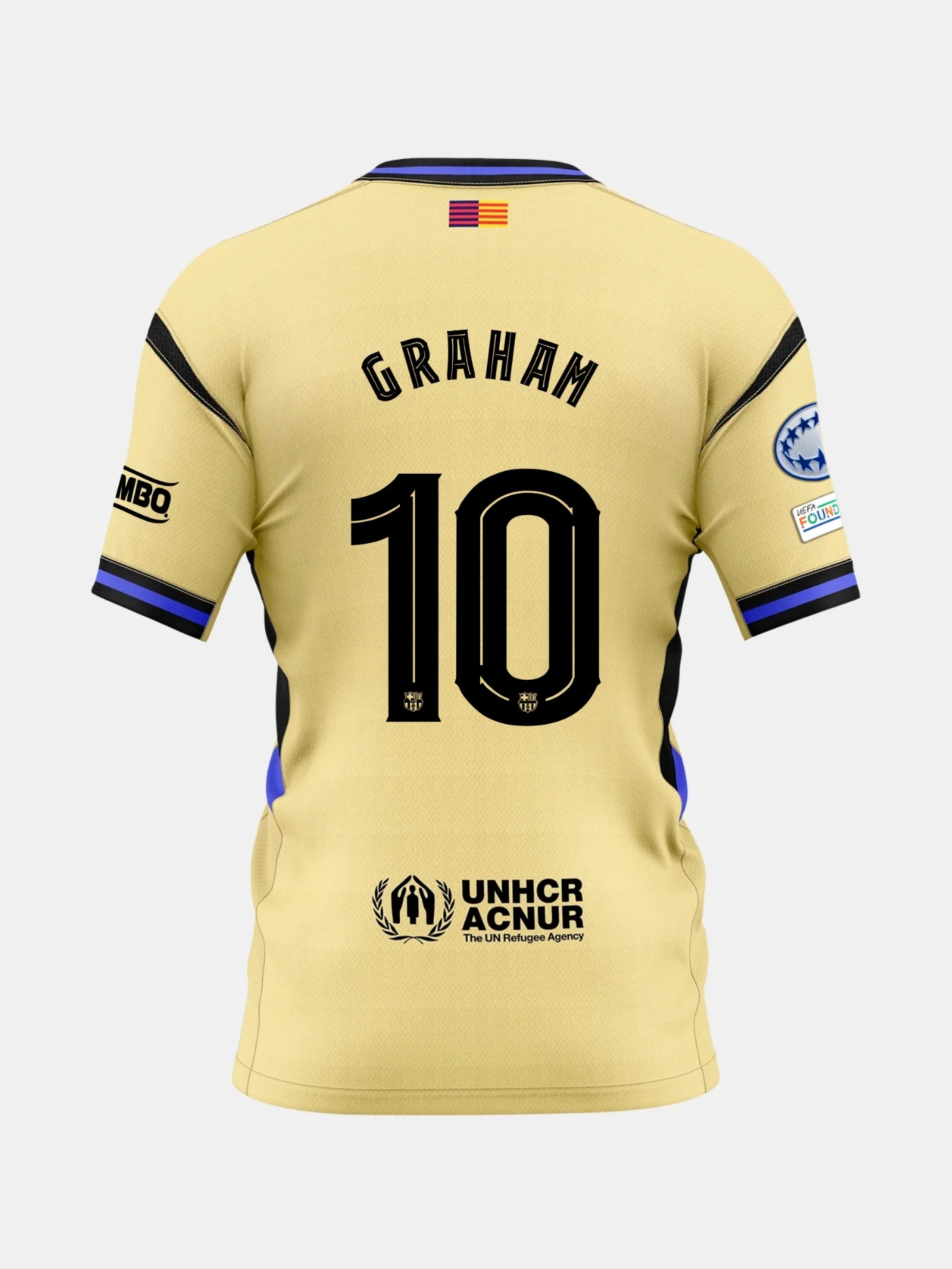 Back view of a gold FC Barcelona jersey with the name Graham and number 10, featuring UNHCR logo and UCWL League patches