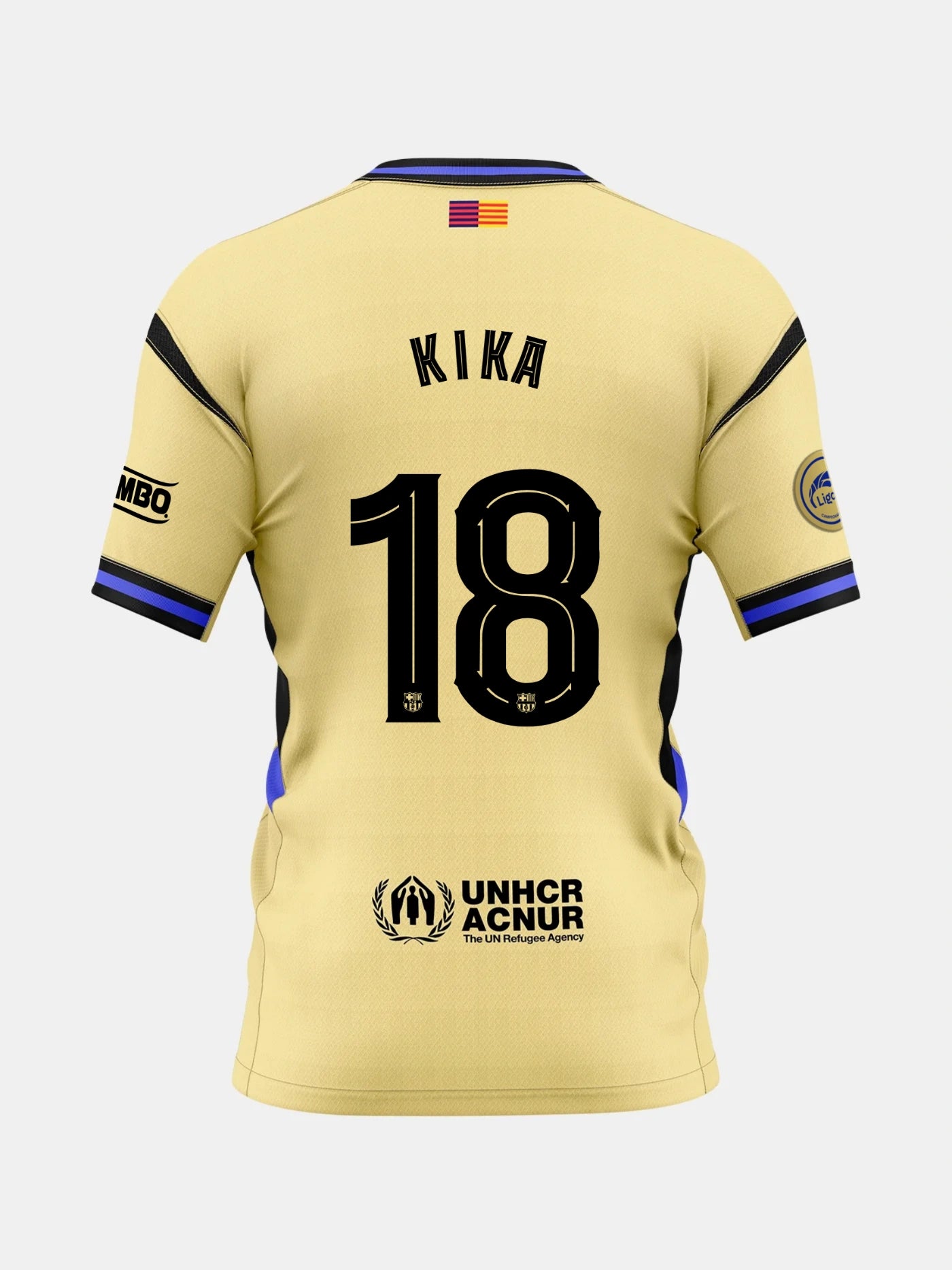 Back view of a gold FC Barcelona jersey with the name Kika and number 18, featuring UNHCR logo and Liga F patches