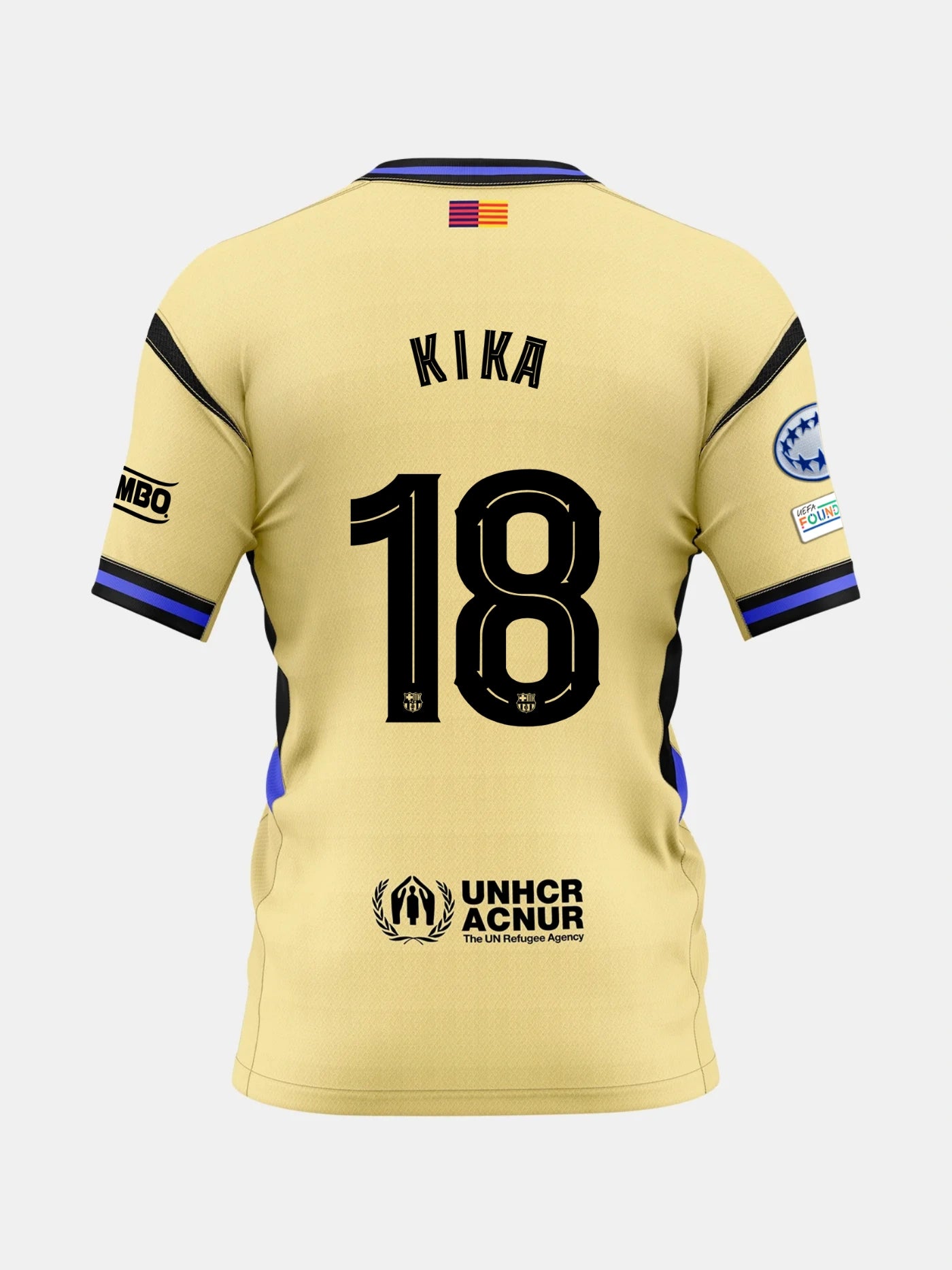 Back view of a gold FC Barcelona jersey with the name Kika and number 18, featuring UNHCR logo and UCWL League patches