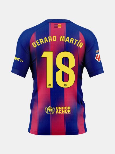 Blue and red striped FC Barcelona jersey with player name Gerard Martín and number 18 in yellow on the back, featuring UNHCR logo at the bottom
