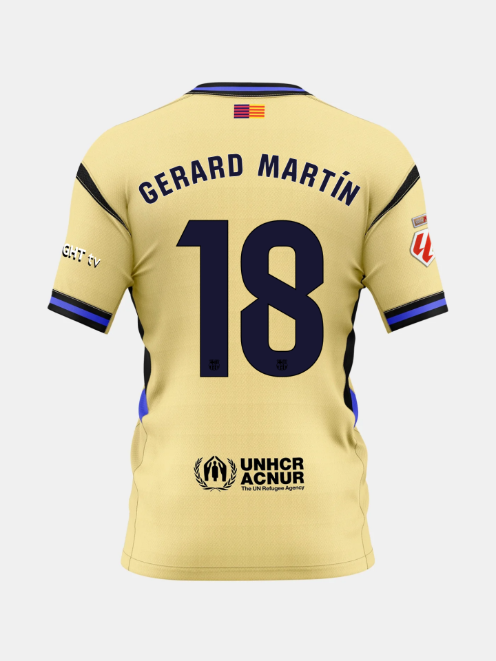 Gold FC Barcelona jersey with player name Gerard Martín and number 18 on the back, featuring UNHCR logo at the bottom