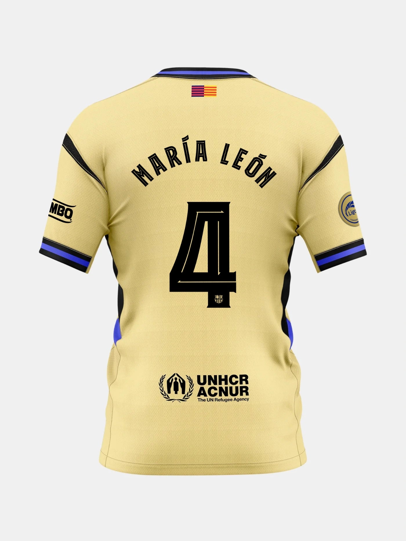 Back view of a gold FC Barcelona jersey with the name María León and number 4, featuring UNHCR logo and Liga F patches