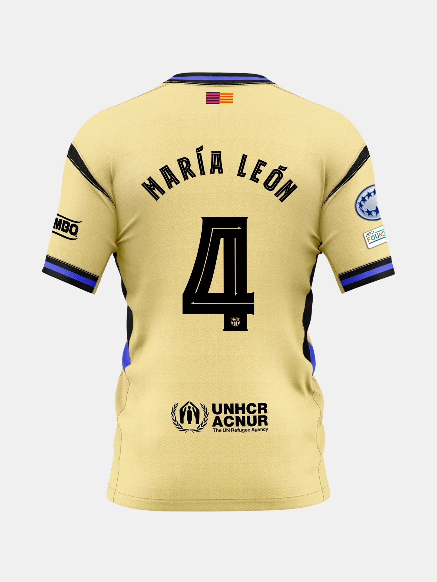 Back view of a gold FC Barcelona jersey with the name María León and number 4, featuring UNHCR logo and UCWL League patches