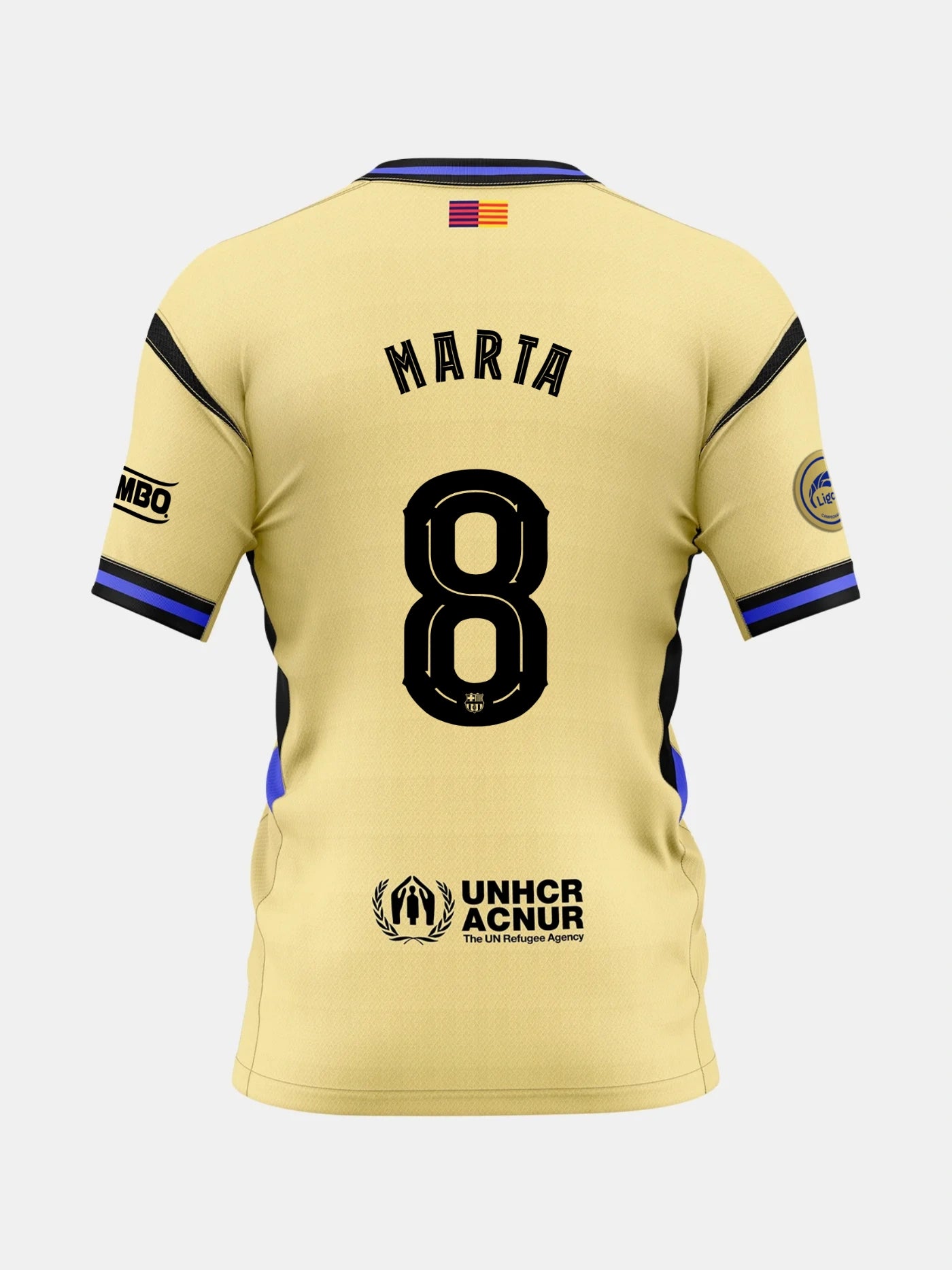 Back view of a gold FC Barcelona jersey with the name Marta and number 8, featuring UNHCR logo and Liga F patches
