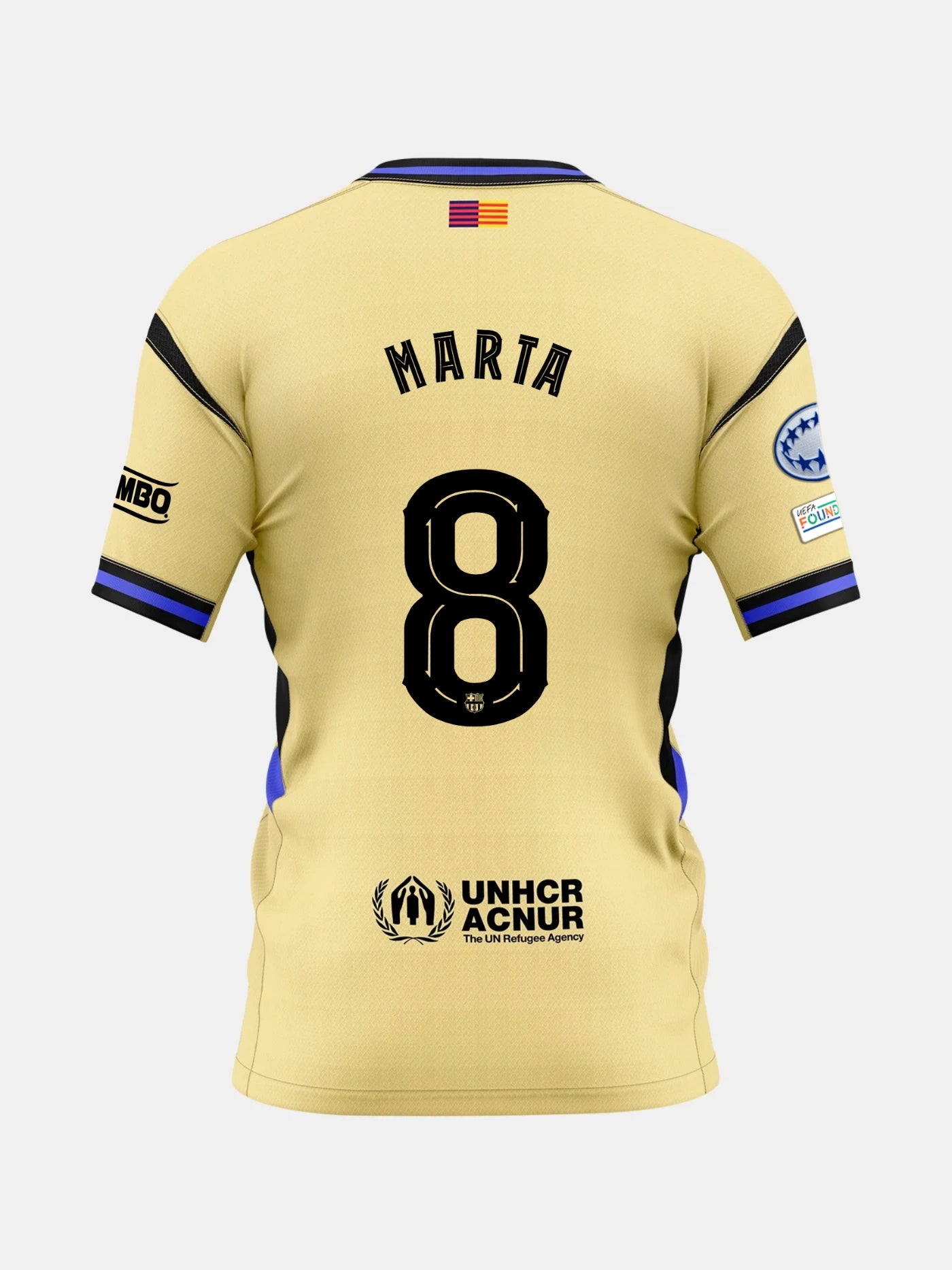 Back view of a gold FC Barcelona jersey with the name Marta and number 8, featuring UNHCR logo and UCWL League patches