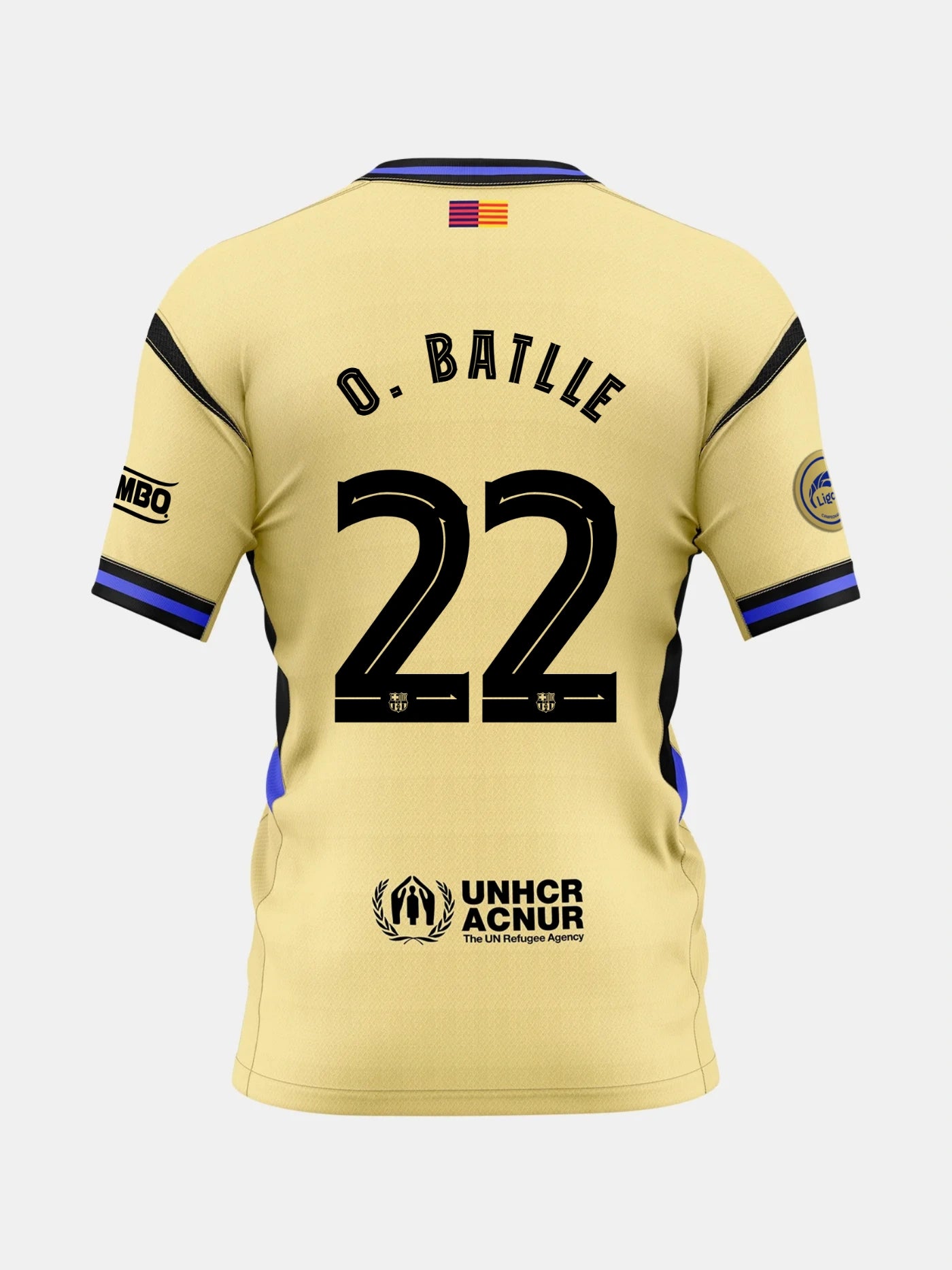 Back view of a gold FC Barcelona jersey with the name O.Batlle and number 22, featuring UNHCR logo and Liga F patches
