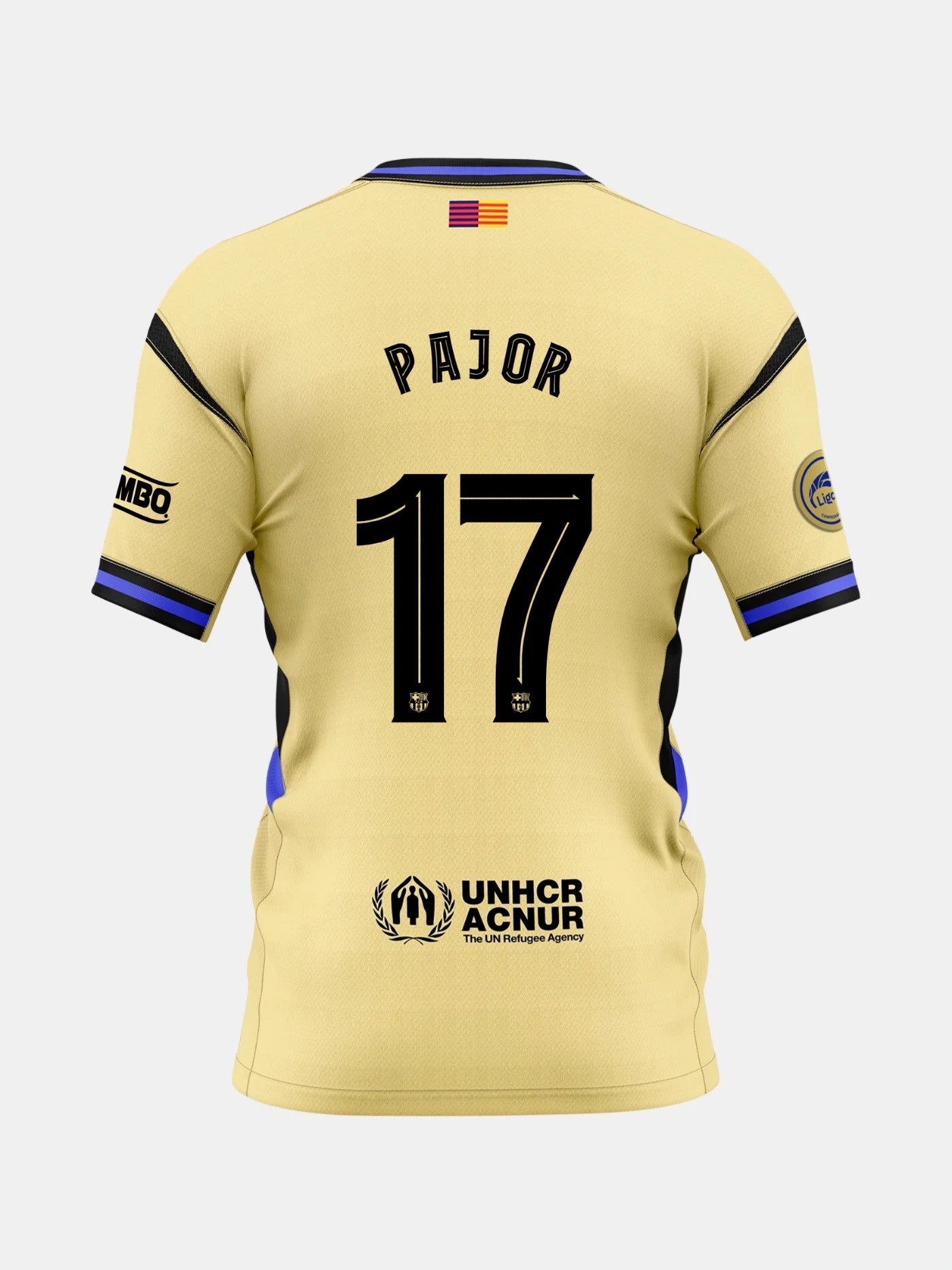 Back view of a gold FC Barcelona jersey with the name Pajor and number 17, featuring UNHCR logo and Liga F patches