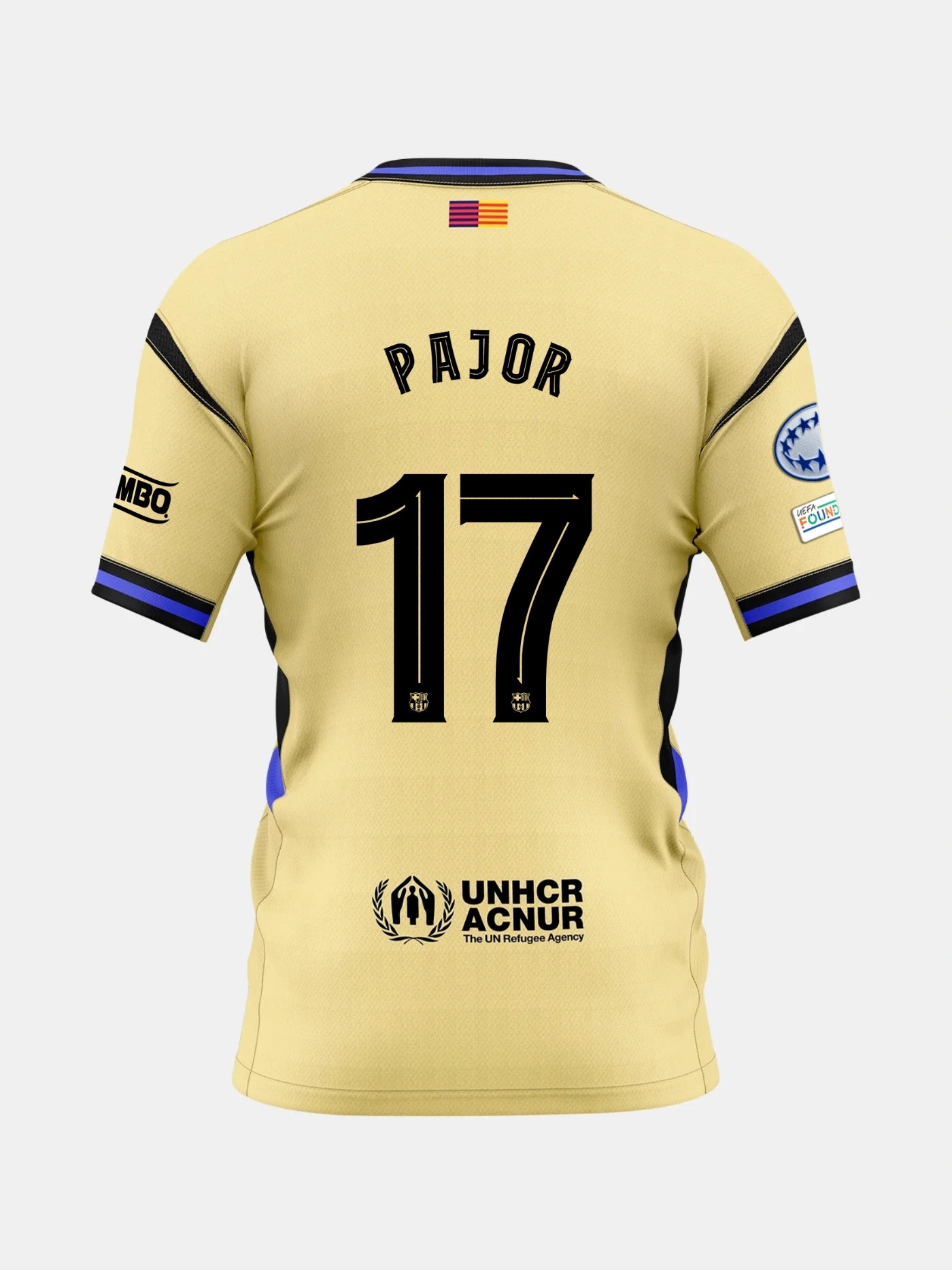 Back view of a gold FC Barcelona jersey with the name Pajor and number 17, featuring UNHCR logo and UCWL League patches