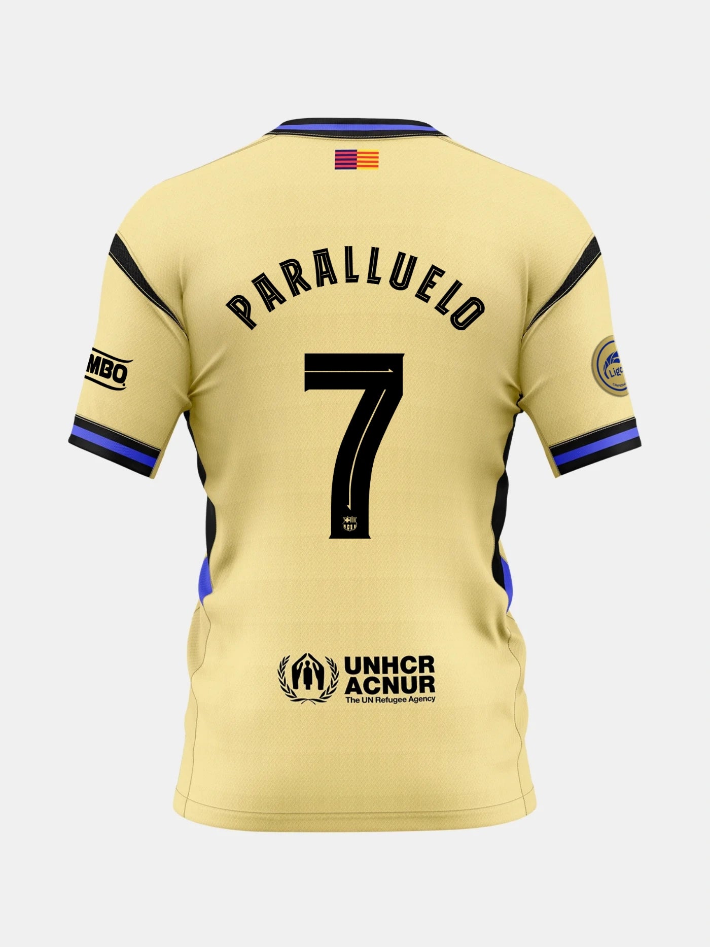 Back view of a gold FC Barcelona jersey with the name Paralluelo and number 7, featuring UNHCR logo and Liga F patches