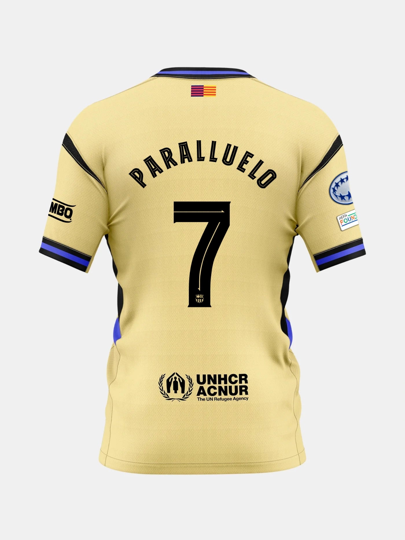 Back view of a gold FC Barcelona jersey with the name Paralluelo and number 7, featuring UNHCR logo and UCWL League patches