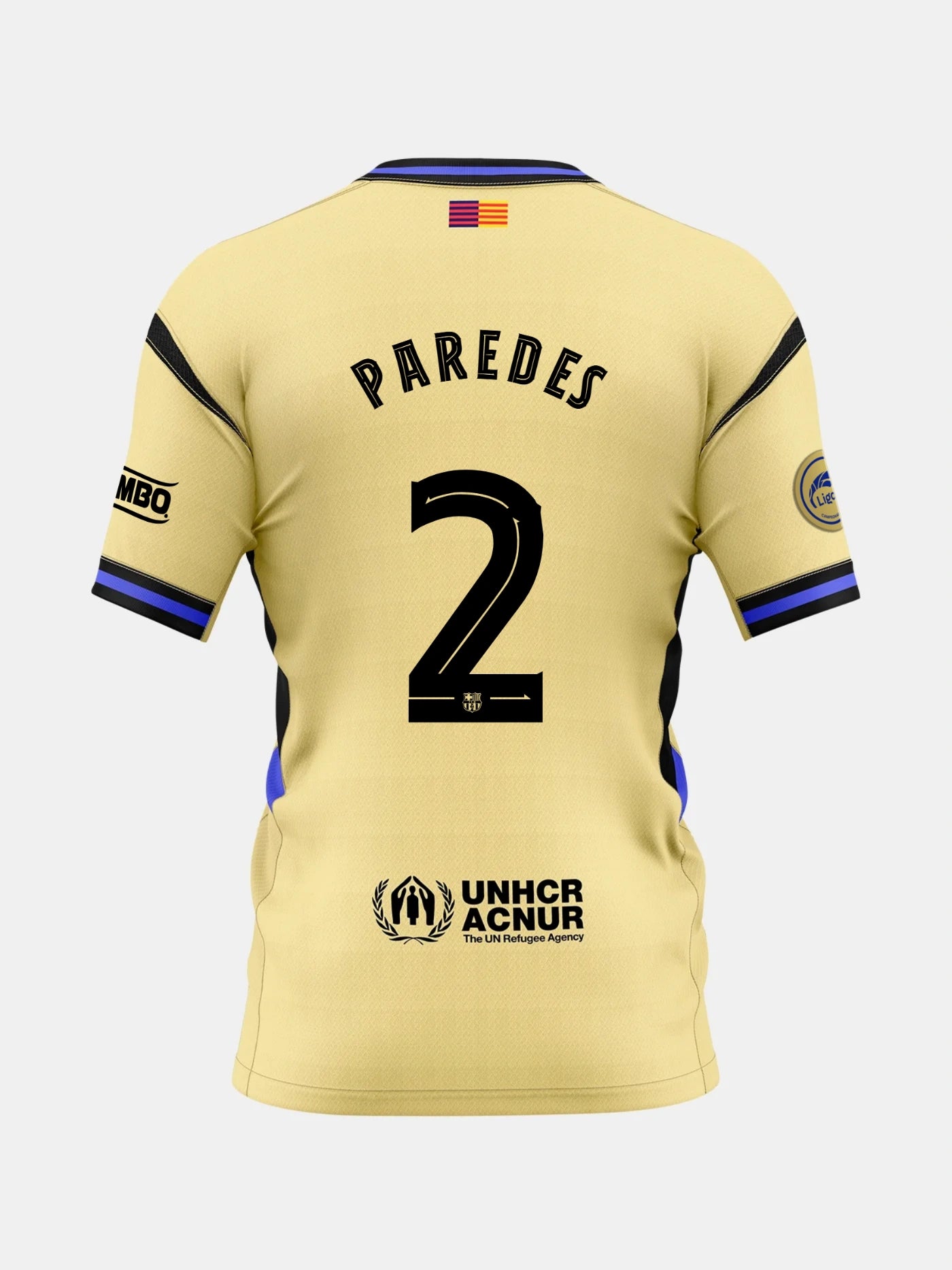 Back view of a gold FC Barcelona jersey with the name Paredes and number 2, featuring UNHCR logo and Liga F patches
