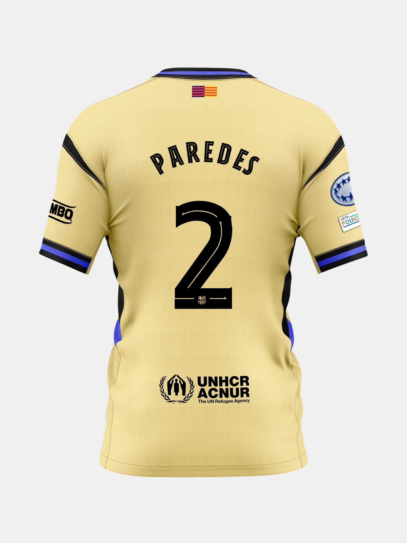 Back view of a gold FC Barcelona jersey with the name Paredes and number 2, featuring UNHCR logo and UCWL League patches