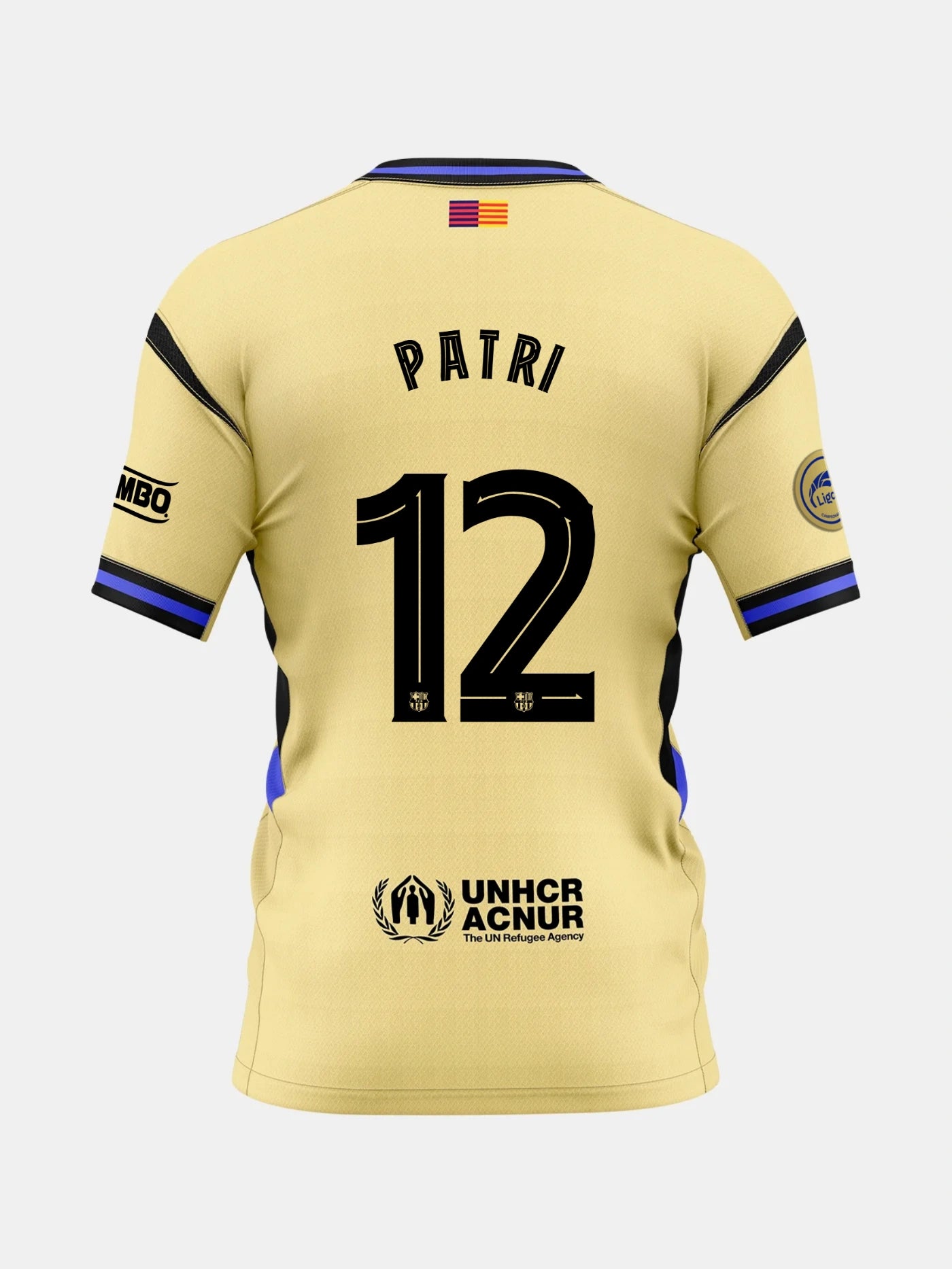 Back view of a gold FC Barcelona jersey with the name Patri and number 12, featuring UNHCR logo and Liga F patches