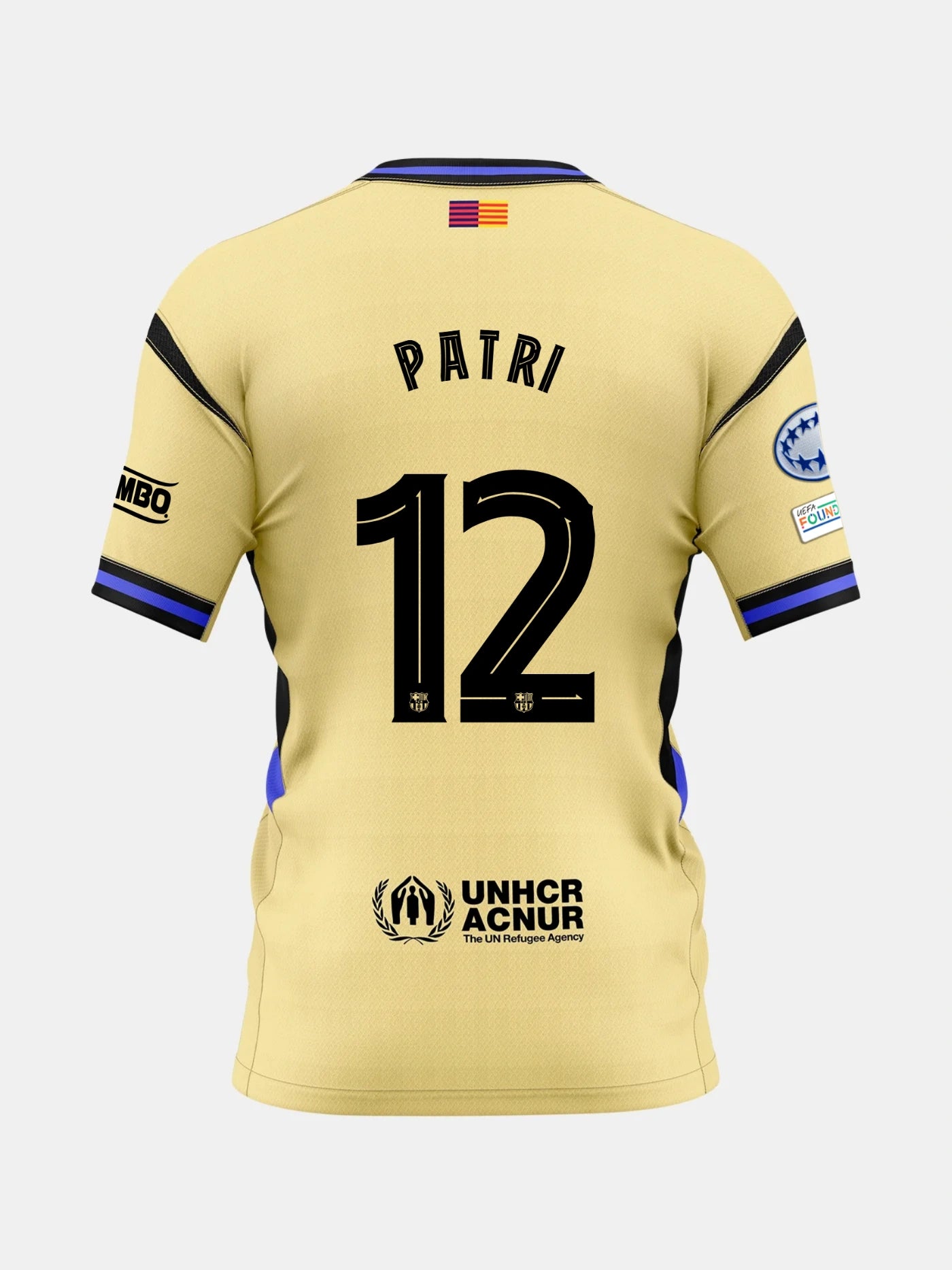 Back view of a gold FC Barcelona jersey with the name Patri and number 12, featuring UNHCR logo and UCWL League patches