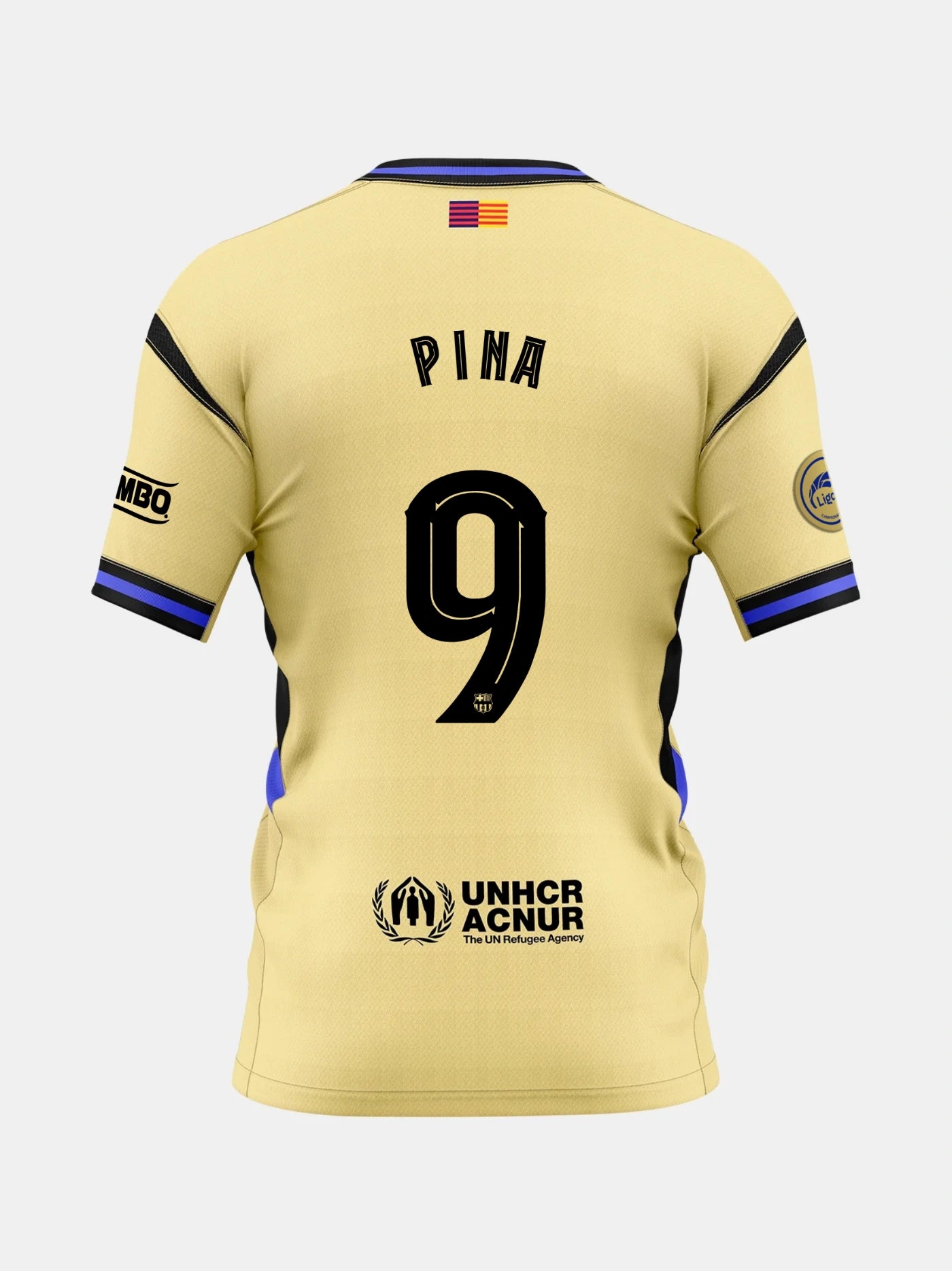 Back view of a gold FC Barcelona jersey with the name Pina and number 9, featuring UNHCR logo and Liga F patches