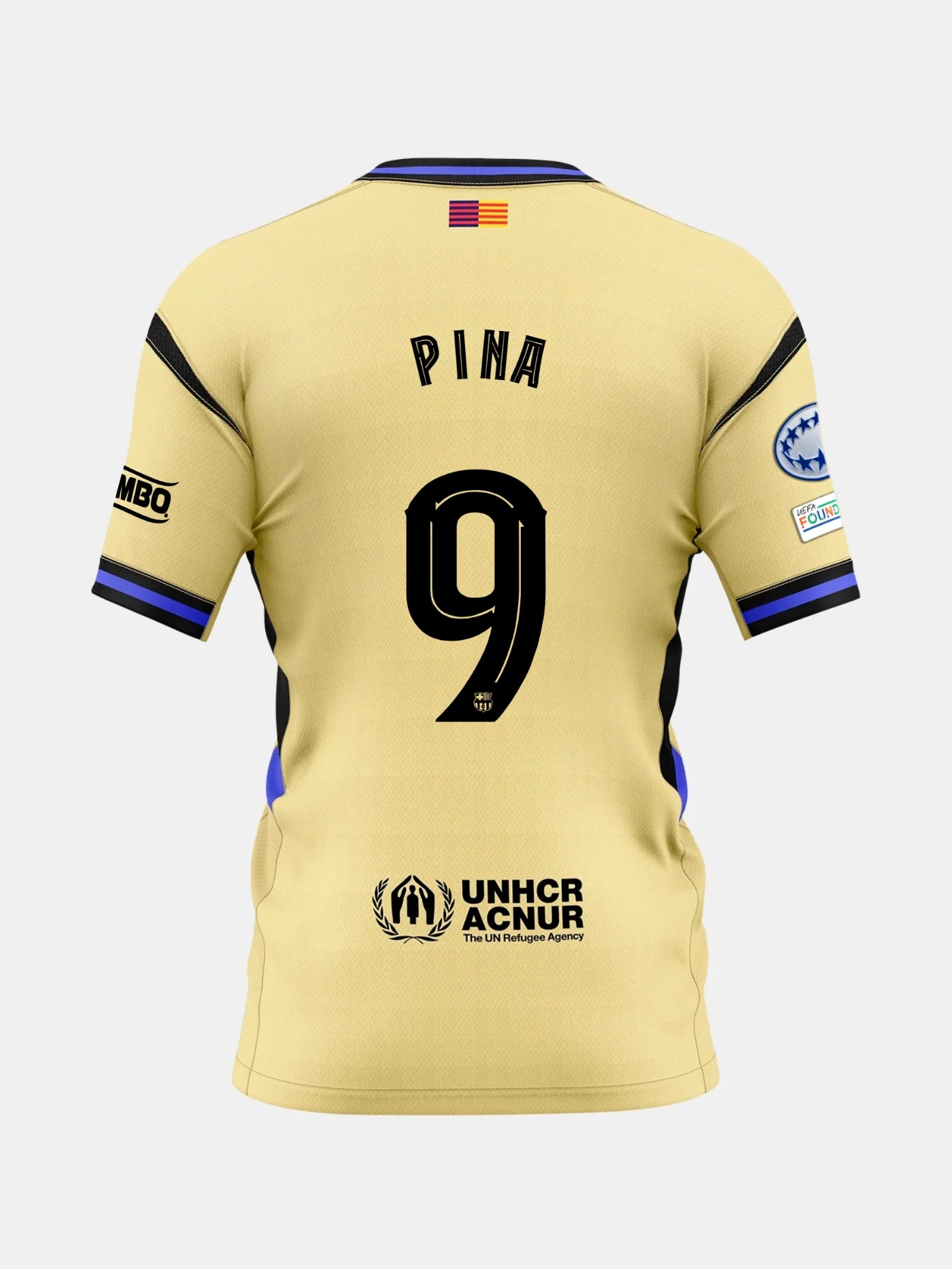 Back view of a gold FC Barcelona jersey with the name Pina and number 9, featuring UNHCR logo and UCWL League patches