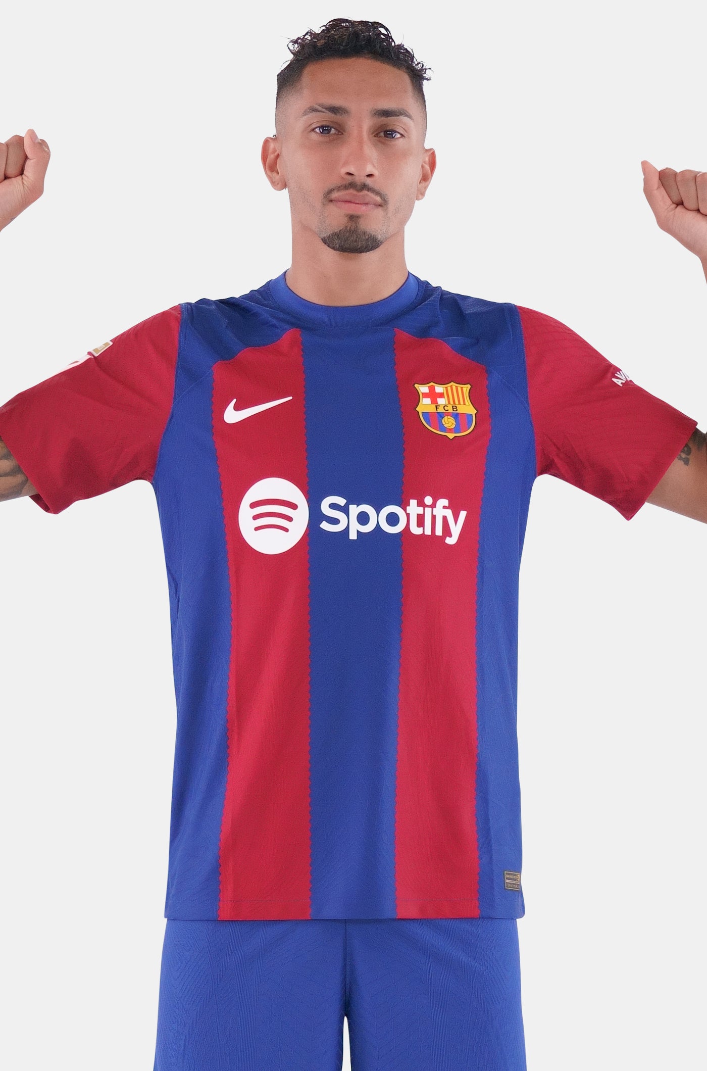 Nike Barcelona Raphinha Home Jersey 23/24 w/ La Liga Champions Patches (Noble Red/Loyal Blue) Size S