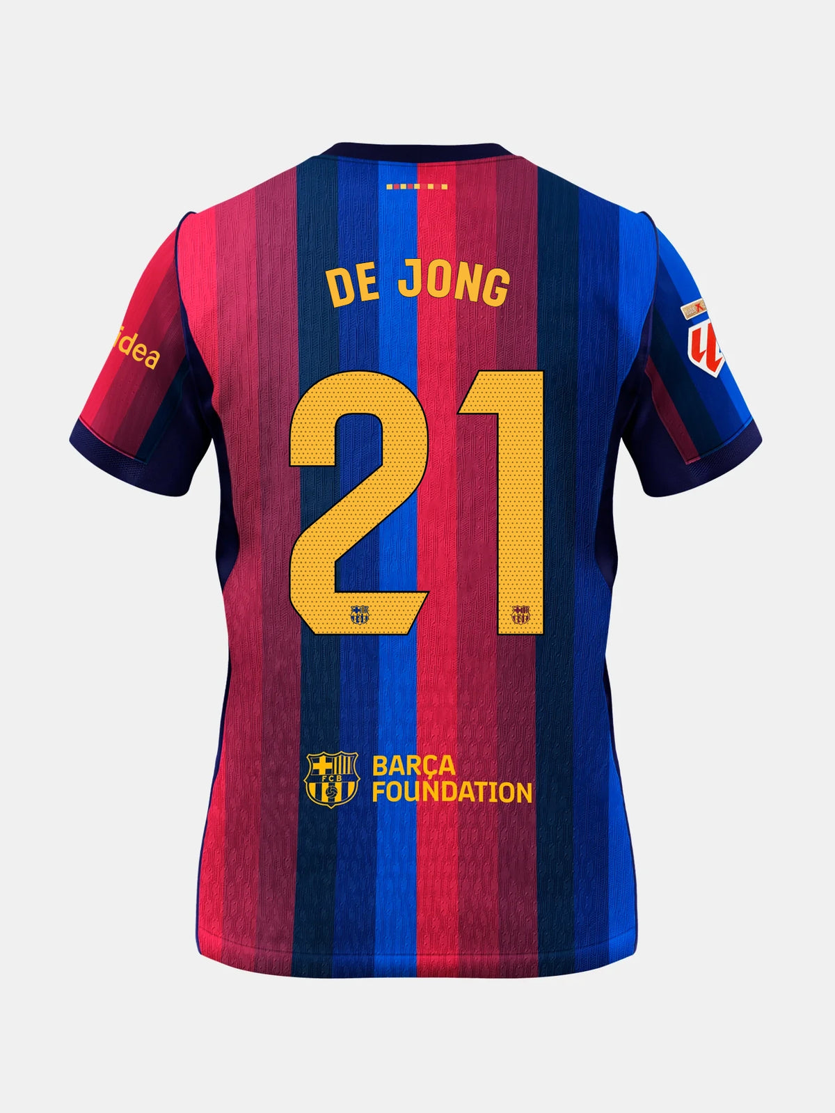 Back view of an FC Barcelona jersey with blue and maroon vertical stripes, DE JONG and number 21 in yellow on the back.
