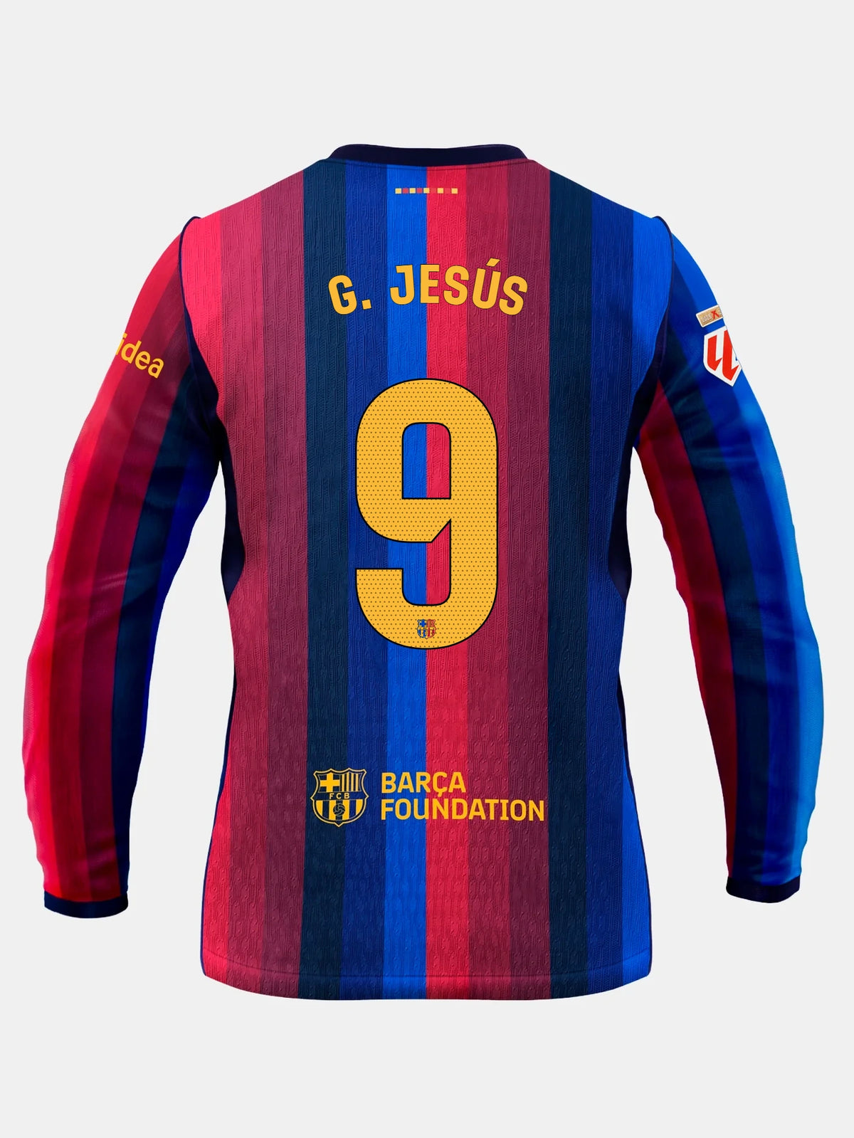 Back view of an FC Barcelona jersey with blue and maroon stripes, G. JESÚS above a large yellow number 9.