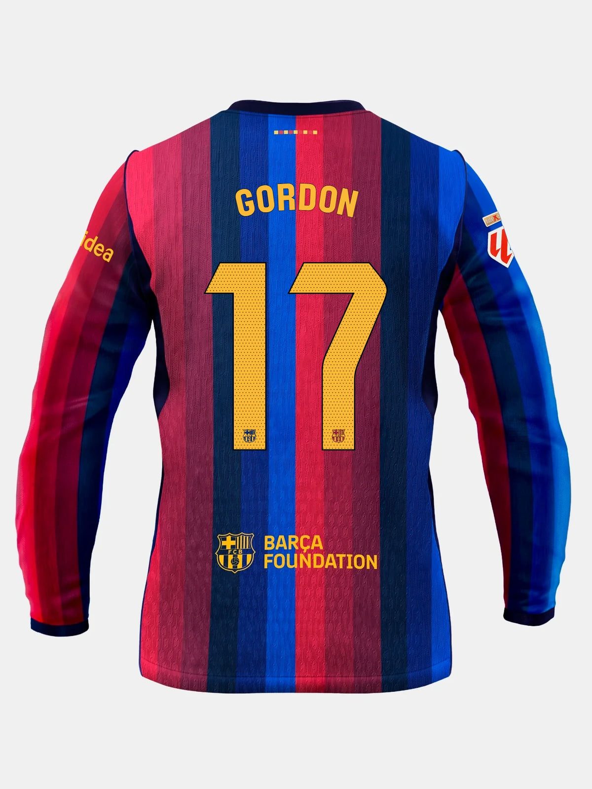 Back view of an FC Barcelona long-sleeve jersey with multicolored vertical stripes, “GORDON” and the number 17 in yellow.